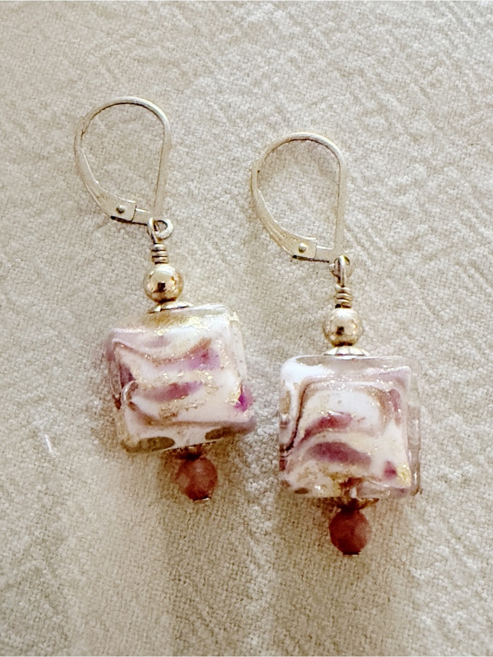 14K GF Gold Filled Murano Glass Pink/White Dangle Earrings (Stamped 1/20 14k)